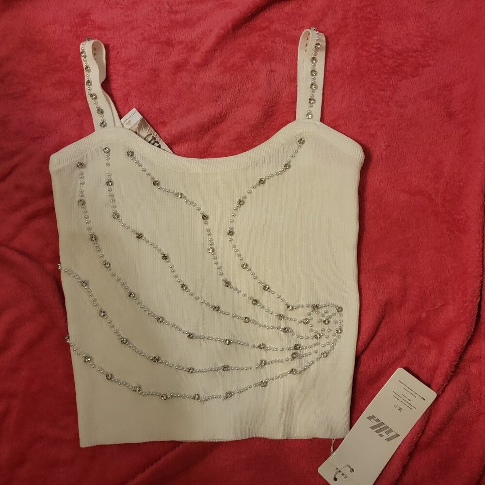 Medium White Stretch Tank Top  Nice thick material  with Rhinestones